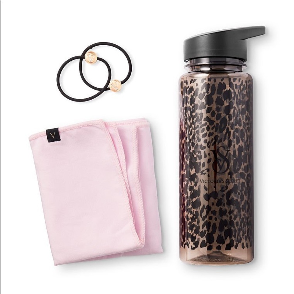 NEW Victoria’s Secret Workout Leopard Water Bottle Sweat Towel Hair Ties Kit